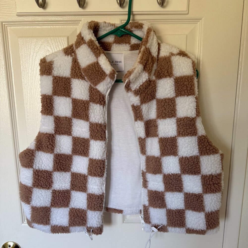 Brown and White checkered Sherpa Vest
